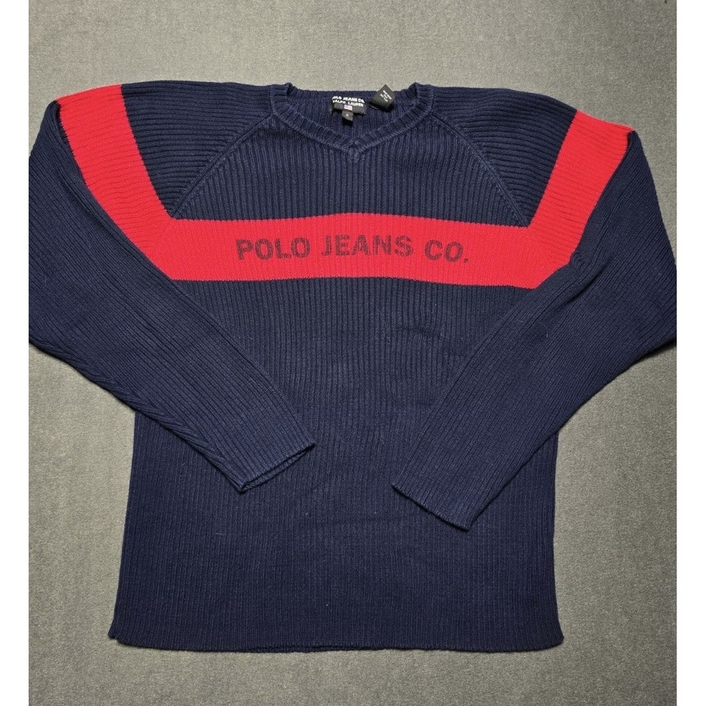 Vintage Polo Ralph Lauren Spellout Logo Knitted Sweater Blue Men's XL‎ 90s Slim